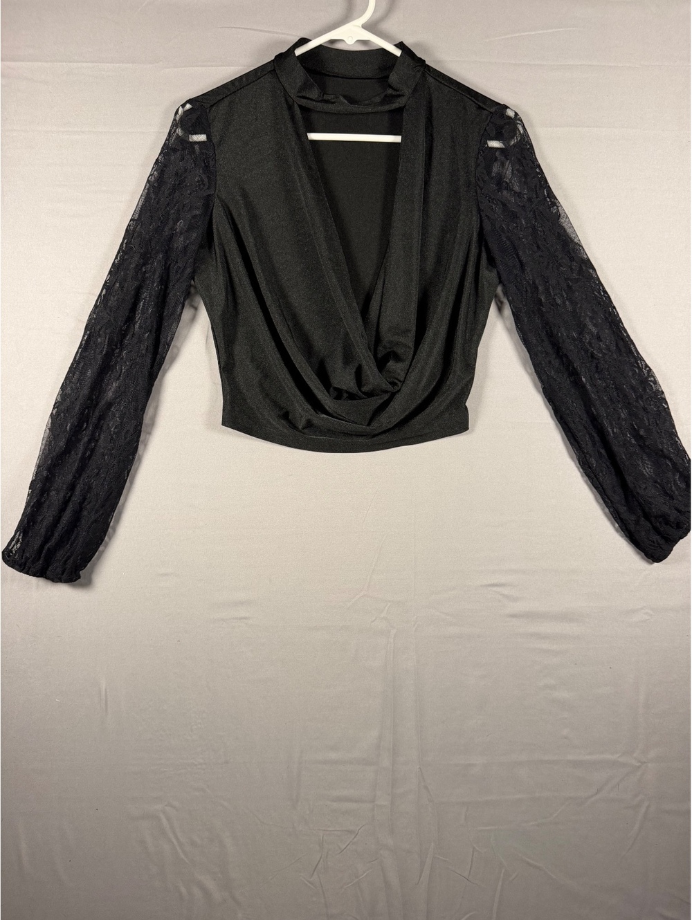 Shein Women's Black Long Sleeve Lace Sleeve Draped Front Top, Size M